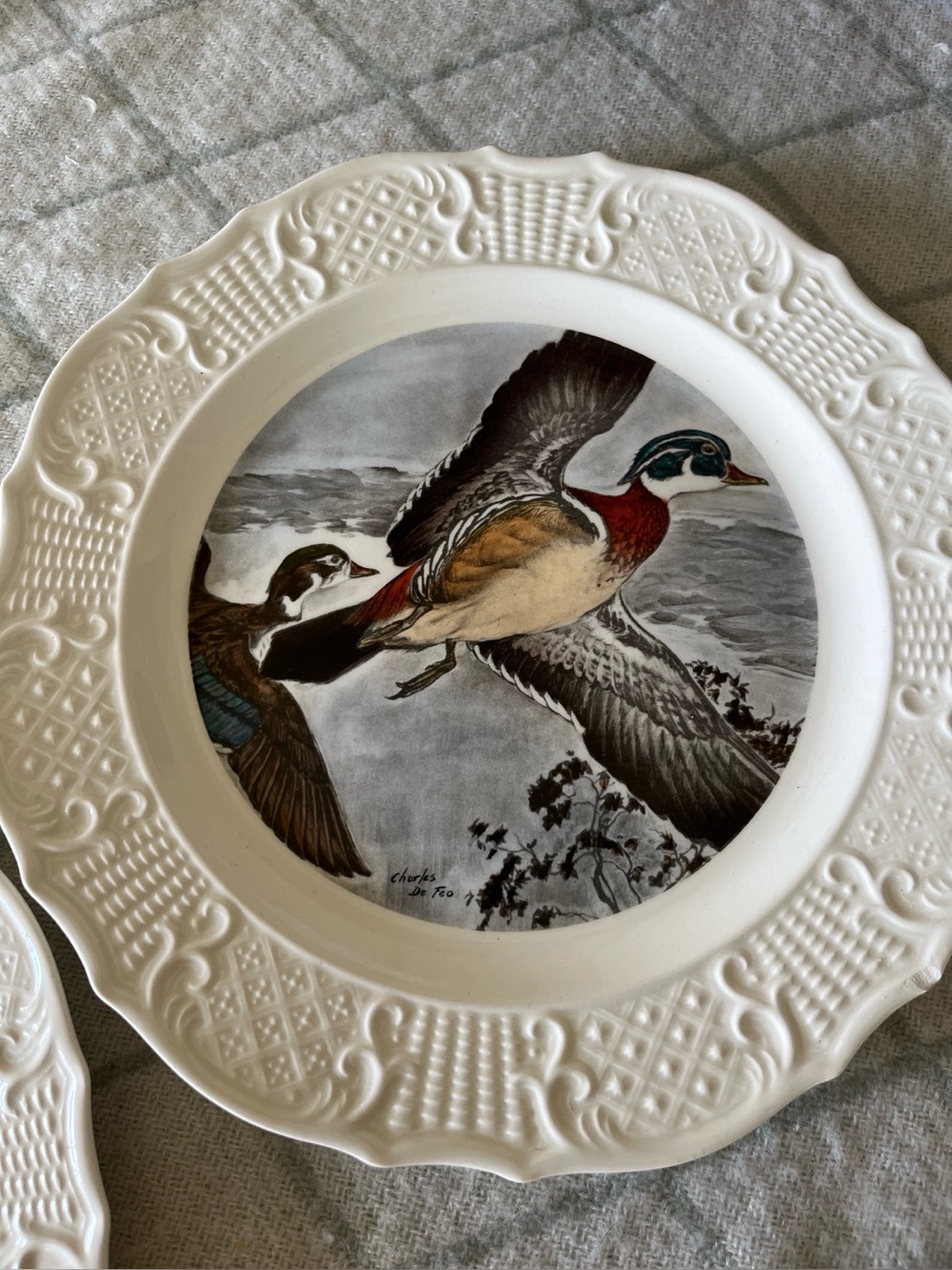 The House of Seagram Decorative White Ceramic Plates grizzly and wood ducks